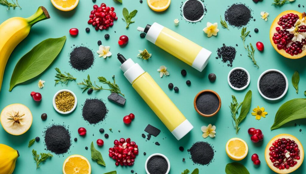 banana, mel, vitamina C, romã, chá verde, carvão, camomila para hidratação da pele banana, mel, vitamina C, romã, chá verde, carvão, camomila para hidratação da pele